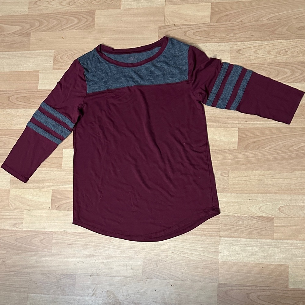 Burgundy and Gray Three Quarter Length Sleeved Shirt